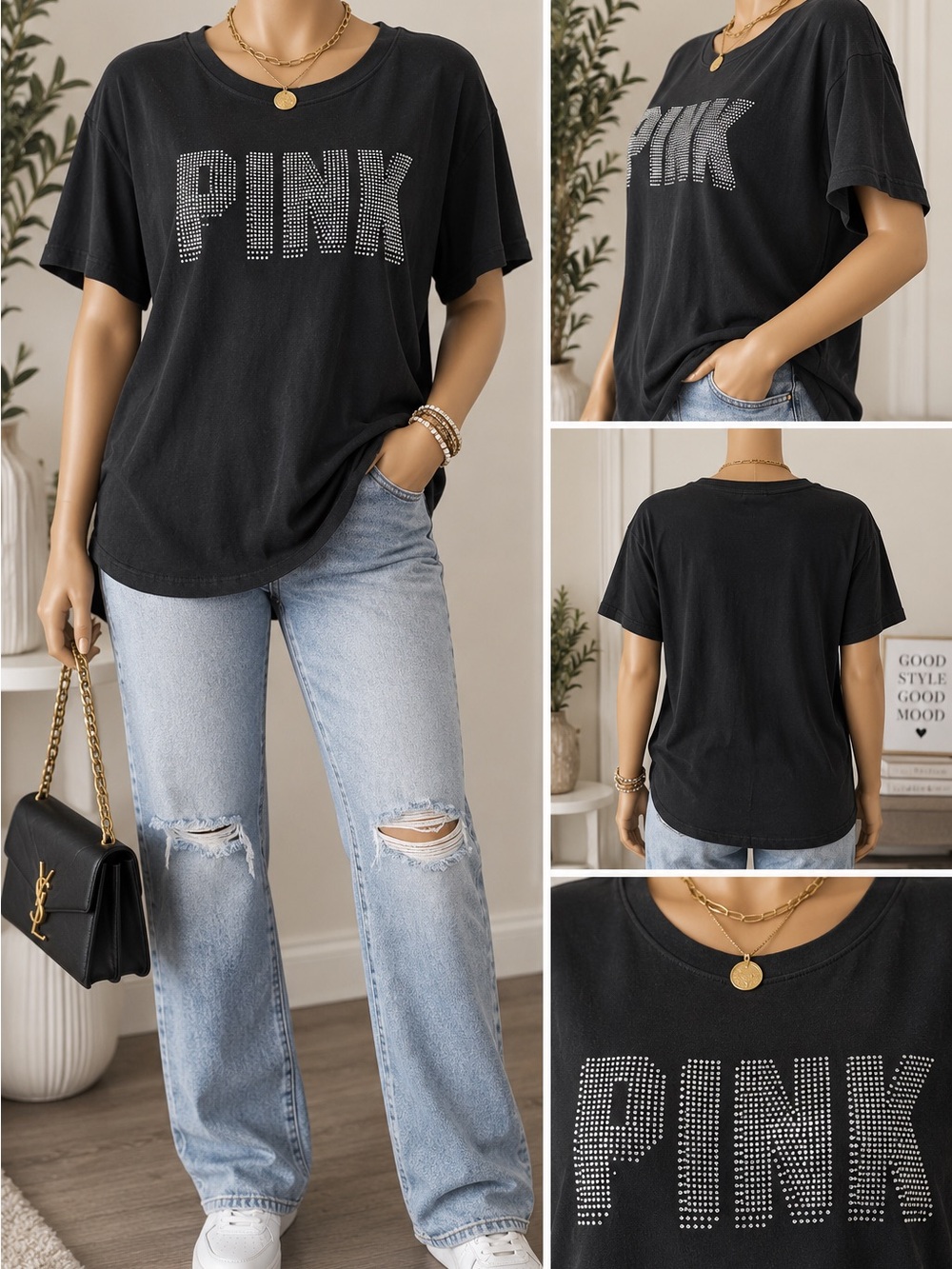 Victoria's Secret PINK Black Rhinestone Logo Short Sleeve Tee